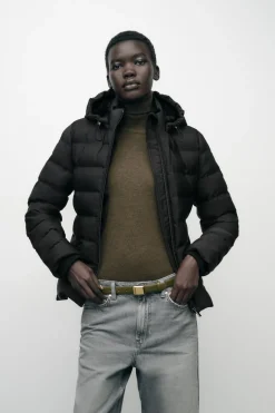 ZARA Winter Layersnew|Sobretudos / Anoraques^ANORAQUE COM CINTO E CAPUZ WATER AND WIND PROTECTION Preto