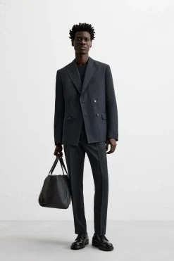 ZARA Blazers^BLAZER CRUZADO FATO LINHO - ALGODÃO Azul-marinho