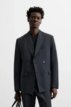 ZARA Blazers^BLAZER CRUZADO FATO LINHO - ALGODÃO Azul-marinho