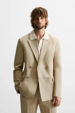 ZARA Blazers^BLAZER DE FATO EM LINHO - ALGODÃO Bege