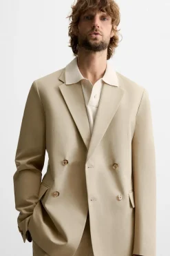 ZARA Blazers^BLAZER DE FATO EM LINHO - ALGODÃO Bege