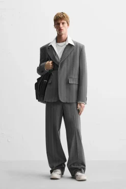 ZARA Blazers^BLAZER DE FATO ÀS RISCAS Cinzento-antracite