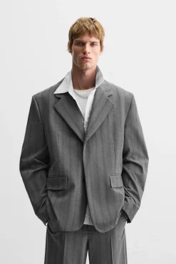 ZARA Blazers^BLAZER DE FATO ÀS RISCAS Cinzento-antracite