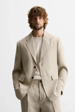 ZARA Blazers^BLAZER FATO 100% LINHO Areia