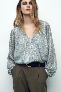 ZARA Tops / Bodies^BLUSA BALÃO ESTAMPADA COM FIO METALIZADO Azul / Branco