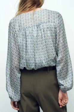 ZARA Tops / Bodies^BLUSA BALÃO ESTAMPADA COM FIO METALIZADO Azul / Branco