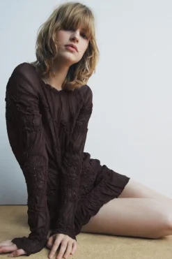ZARA Camisas / Blusas^BLUSA BORDADA COM FRANZIDOS ZW COLLECTION Castanho-claro