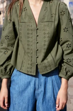 ZARA Camisas / Blusas^BLUSA COM BORDADOS PERFURADOS Caqui