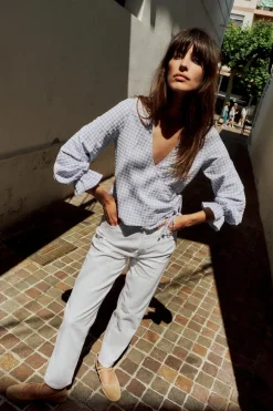 ZARA Camisas / Blusas^BLUSA CRUZADA AOS QUADRADOS VICHY Azul / Branco