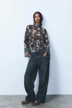 ZARA Camisas / Blusas^BLUSA DE TULE ESTAMPADA Preto / Areia