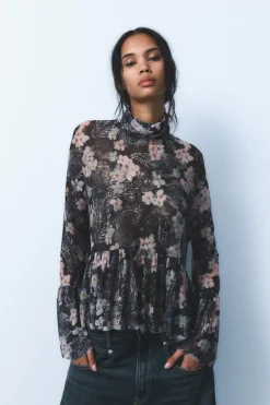 ZARA Camisas / Blusas^BLUSA DE TULE ESTAMPADA Preto / Areia