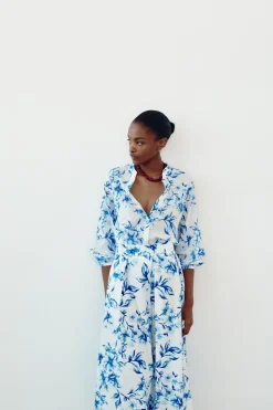 ZARA Camisas / Blusas^BLUSA ESTAMPADA COM ALGODÃO Azul / Branco