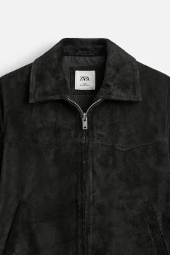 ZARA Blusões|Pele^BLUSÃO CAMURÇA CROPPED FIT Preto