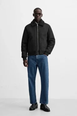 ZARA Vestuário De Inverno|Blusões^BLUSÃO EFEITO CAMURÇA COMBINADO Preto