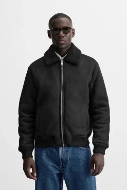 ZARA Vestuário De Inverno|Blusões^BLUSÃO EFEITO CAMURÇA COMBINADO Preto