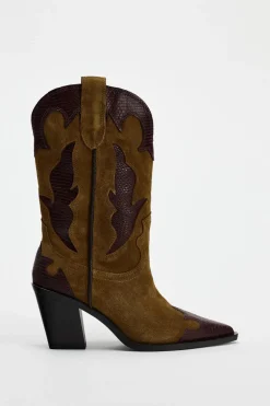 ZARA Sapatos^BOTA COM TACÃO EM CROUTE COMBINADA Castanho