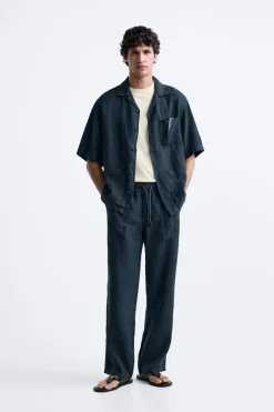 ZARA Calças^CALÇAS 100% LINHO Azul-marinho