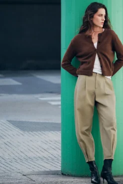 ZARA Calças^CALÇAS BAGGY COM PINÇAS Camel-médio