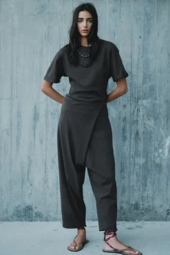 ZARA Calças^CALÇAS BAGGY CRUZADAS HEAVY COTTON Cinzento-antracito