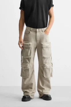 ZARA Calças|Calças De Ganga^CALÇAS CARGO EM GANGA COM BOLSOS Cru