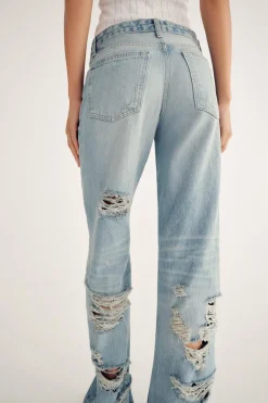 ZARA Jeans^CALÇAS DE GANGA TRF WIDE LEG RASGÕES CINTURA MÉDIA Azul-claro