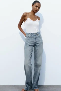 ZARA Jeans^CALÇAS DE GANGA TRF WIDE LEG CINTURA SUBIDA Azul