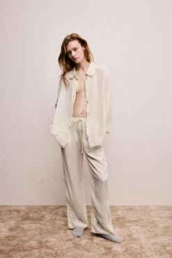 ZARA Calças|Lingerie^CALÇAS RENDA BORDADOS Branco-marfim