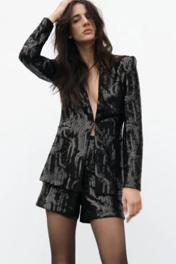 ZARA Saias / Calções^CALÇÕES BERMUDA DE CINTURA SUBIDA E LANTEJOULAS Preto