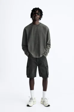 ZARA Cargo^CALÇÕES BERMUDAS DENIM CARGO Preto