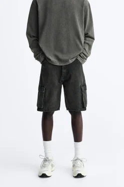 ZARA Cargo^CALÇÕES BERMUDAS DENIM CARGO Preto