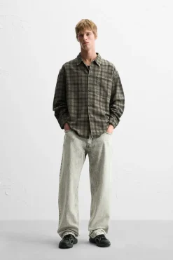 ZARA Vestuário De Inverno|Blusões^CAMISA COMPRIDA AOS QUADRADOS PIERCING Caqui