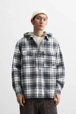 ZARA Vestuário De Inverno|Blusões^CAMISA COMPRIDA COM CAPUZ COMBINADO Azul