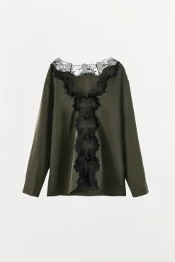 ZARA Camisas / Blusas|Lingerie^CAMISA DE PIJAMA ACETINADA COM RENDA Verde