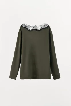 ZARA Camisas / Blusas|Lingerie^CAMISA DE PIJAMA ACETINADA COM RENDA Verde