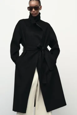 ZARA Sobretudos / Anoraques^CASACO COM CINTO DE LÃ Preto