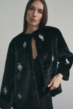 ZARA Sobretudos / Anoraques^CASACO COM EFEITO DE PELO E MISSANGAS TIPO JOIA Preto