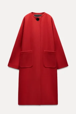 ZARA Sobretudos / Anoraques^CASACO COM MISTURA DE LÃ MANTECO ZW COLLECTION Vermelho