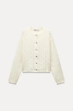 ZARA Cardigan / Camisolas|Malha^CASACO COM ONDAS E LÃ Cru