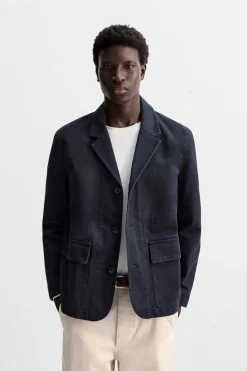 ZARA Blazers^CASACO DE ALGODÃO LAVADO Azul-marinho-escuro