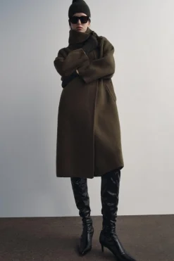 ZARA Sobretudos / Anoraques|Cardigan / Camisolas^CASACO DE LAPELA LARGA 100% LÃ Caqui
