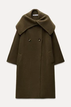 ZARA Sobretudos / Anoraques|Cardigan / Camisolas^CASACO DE LAPELA LARGA 100% LÃ Caqui