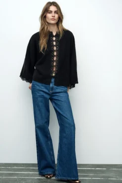 ZARA Cardigan / Camisolas|Malha^CASACO DE MALHA MANGA LARGA Preto