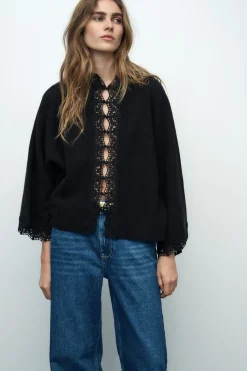 ZARA Cardigan / Camisolas|Malha^CASACO DE MALHA MANGA LARGA Preto