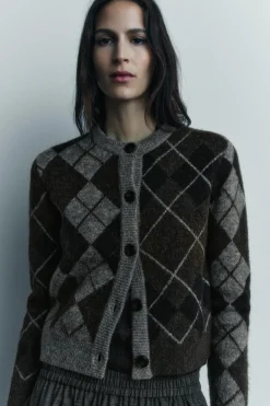 ZARA Cardigan / Camisolas|Malha^CASACO MALHA LOSANGOS Castanho