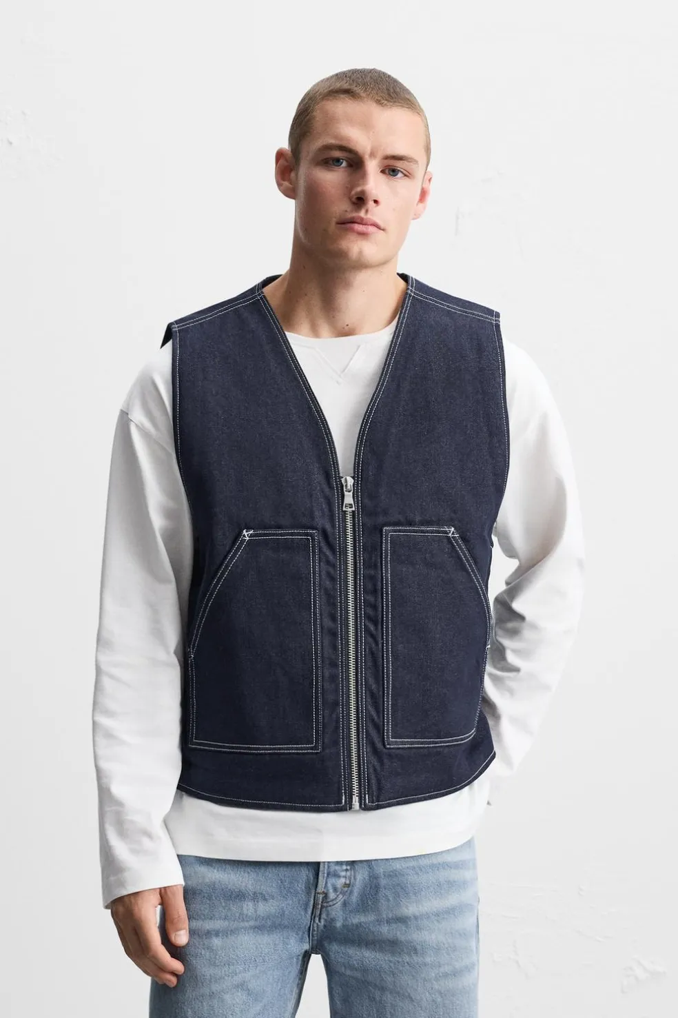 ZARA Blusões|Coletes^COLETE DENIM COM COSTURAS Azul