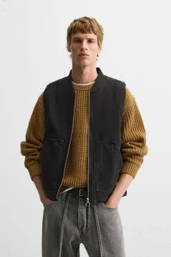 ZARA Blusões|Coletes^COLETE DENIM COMBINADO Preto