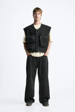 ZARA Coletes^COLETE DENIM UTILITÁRIO Preto