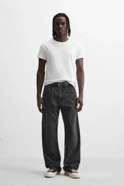 ZARA Calças De Ganga^JEANS BAGGY FIT COM BANDAS Preto