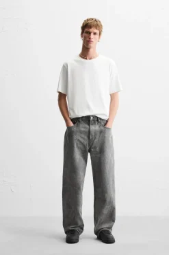 ZARA Calças De Ganga^JEANS RELAXED FIT ESTAMPADO ARRUGADO Cinzento