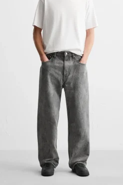 ZARA Calças De Ganga^JEANS RELAXED FIT ESTAMPADO ARRUGADO Cinzento